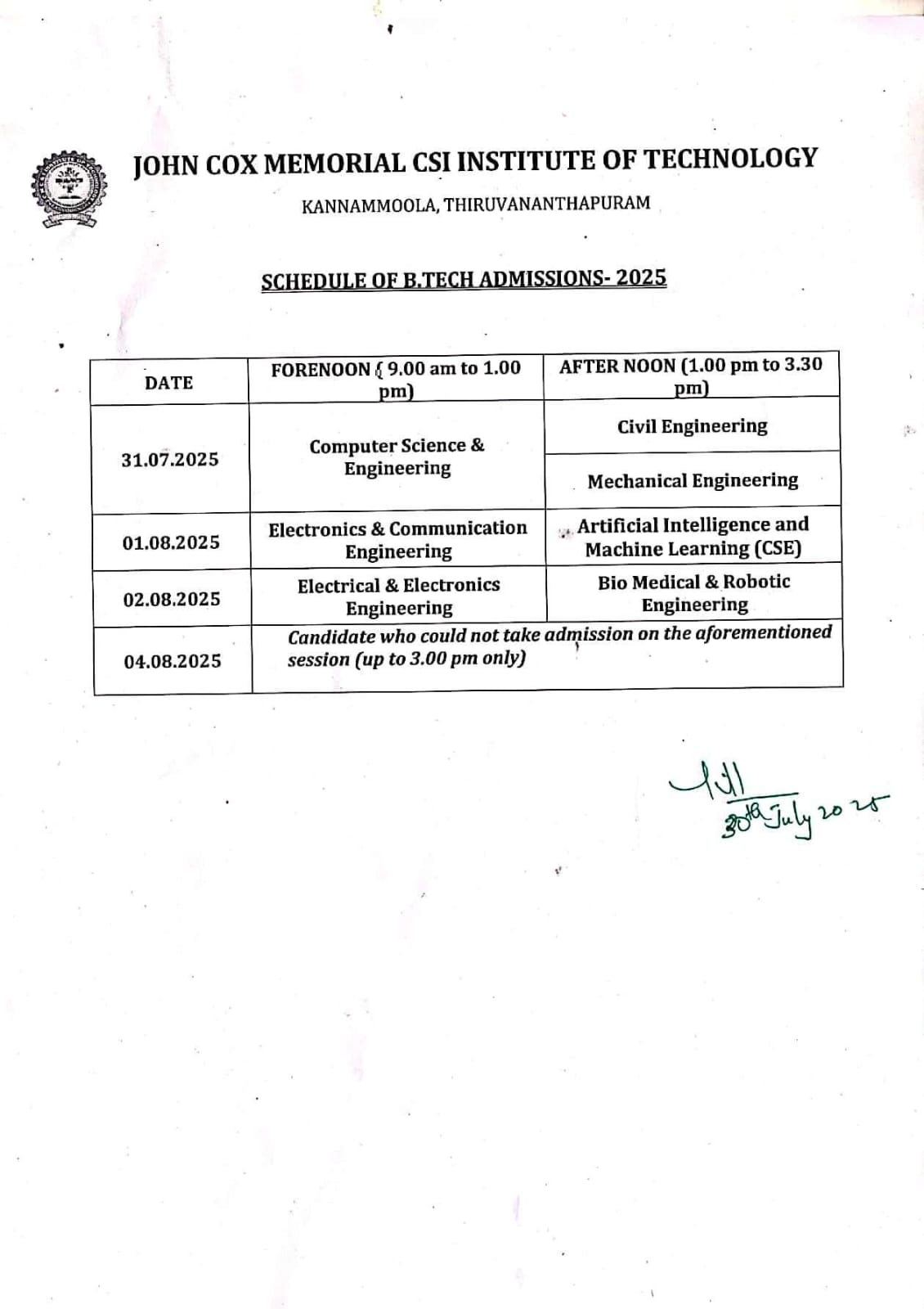 KEAM 2025 BTech Joining Schedule
